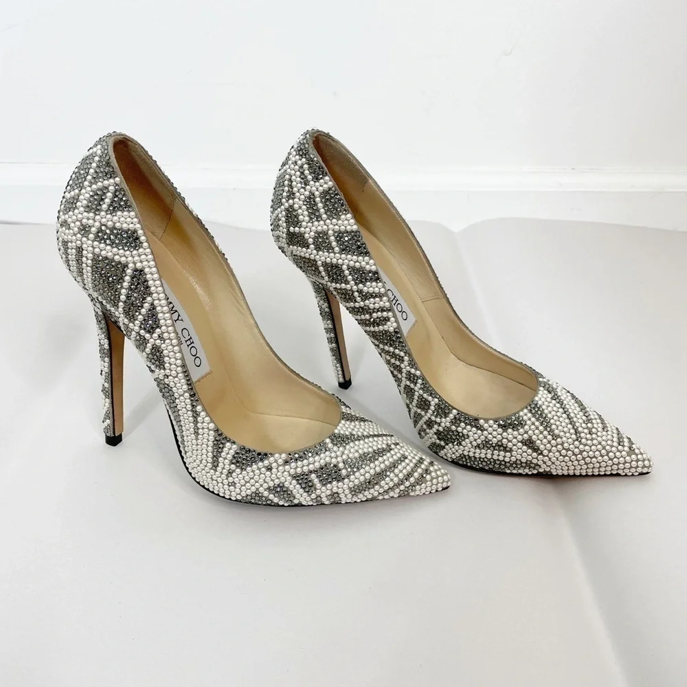 Jimmy Choo Anouk Pearl Crystal Suede Embellished Heel Pumps